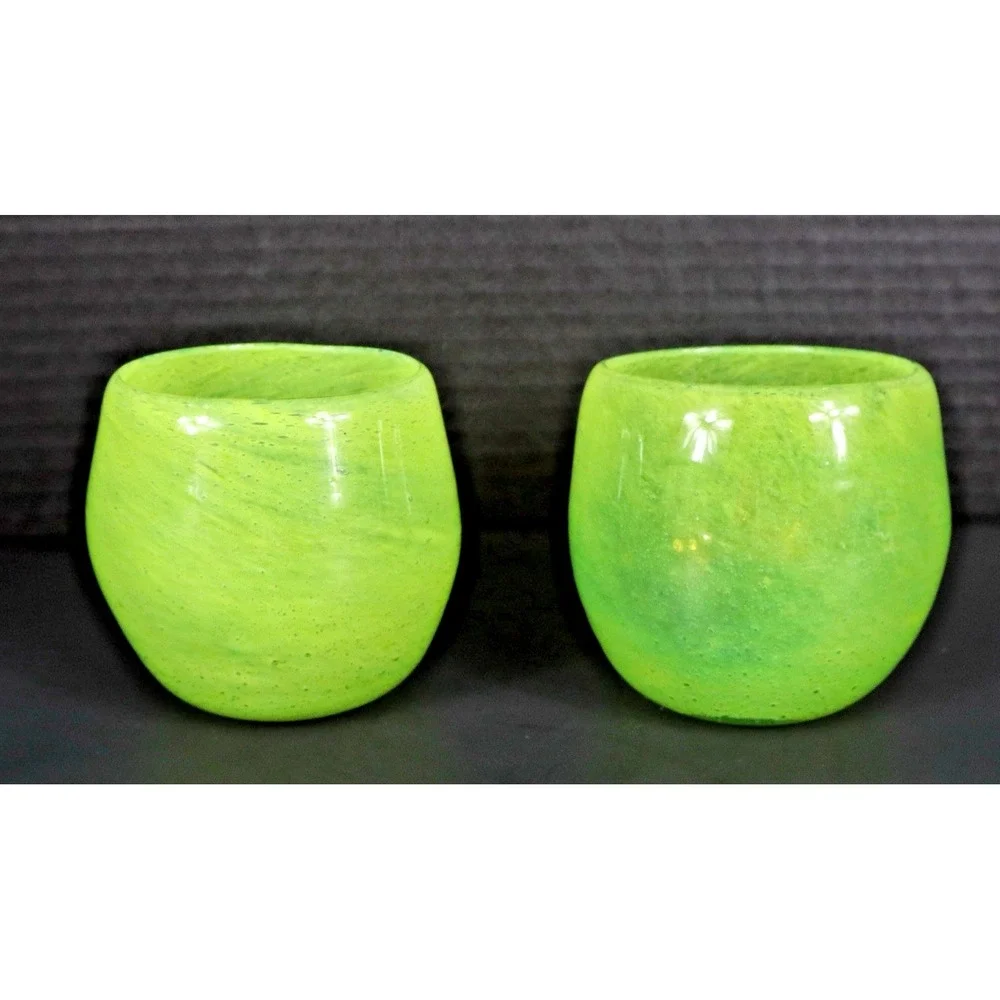 Lime Green Hand Blown Glass Tumblers W Controlled Bubbles - EUC Crate & Barrel C